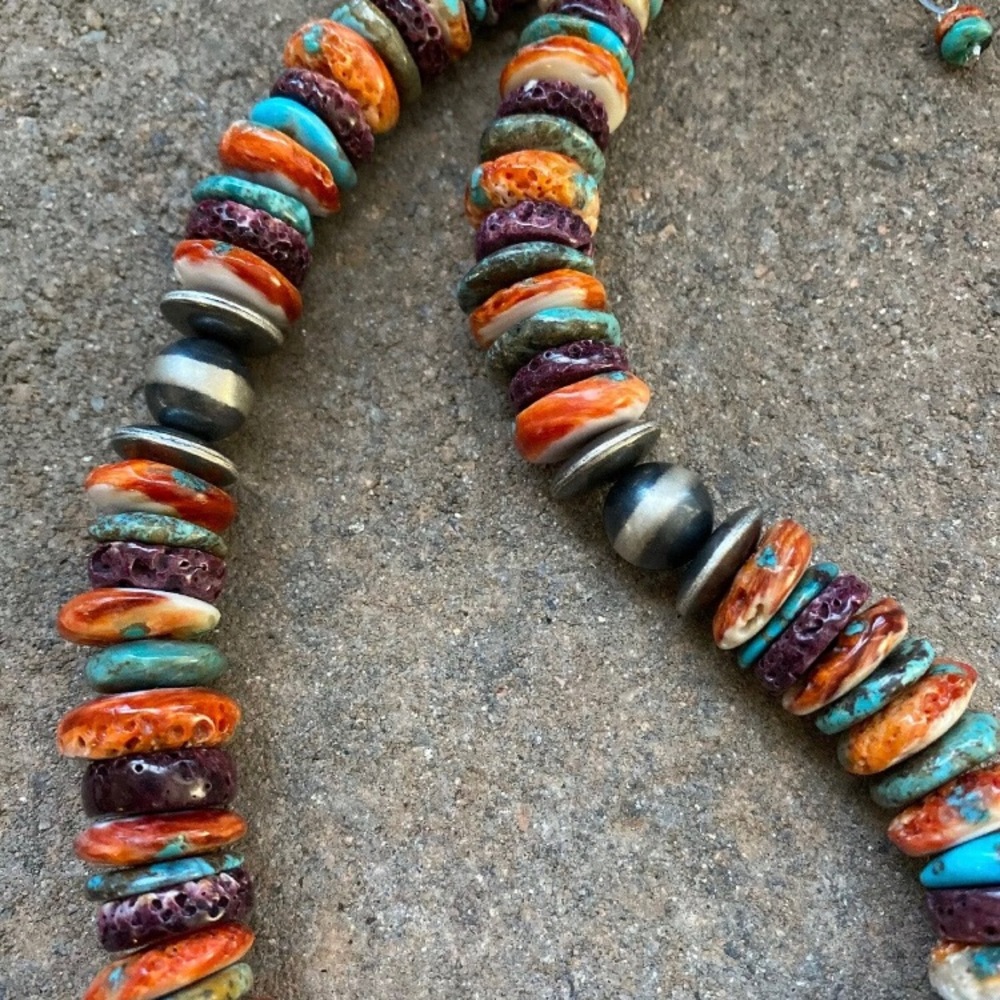 S.S.Multi StoneTurquoiseSpiny Oyster Bead Necklace - Picture 8 of 8